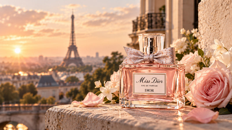 Dior inspired Parisian fragrance scene at sunset