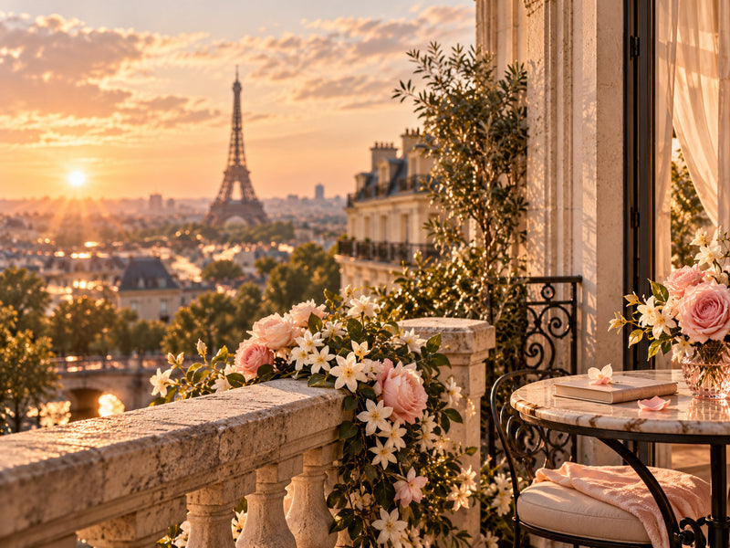 Paris balcony at golden hour, fragrance inspiration
