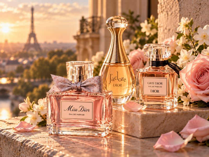 Miss Dior, J'adore and Gris Dior fragrances in a Parisian editorial scene