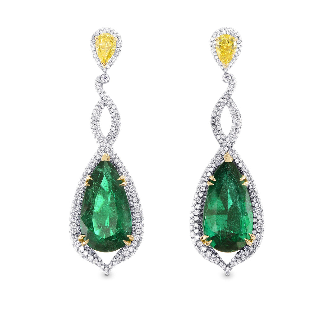 Green Zambian Emerald &amp; Canary Yellow Diamond Drop Earrings