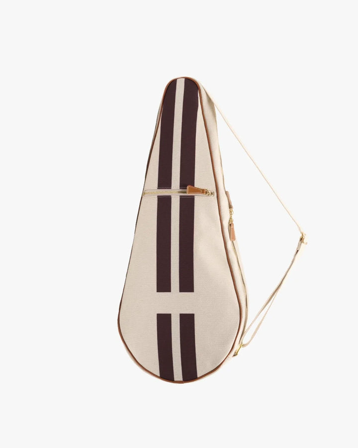 A canvas shoulder bag with a teardrop silhouette, featuring a cream background with two vertical dark brown stripes and a gold zipper, shown against a plain white background.