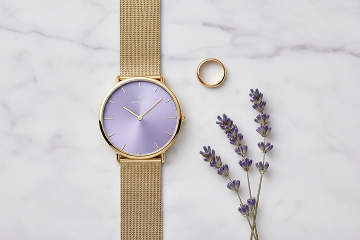 Nordgreen Native Lavender Gold Mesh Flat Lay Lifestyle